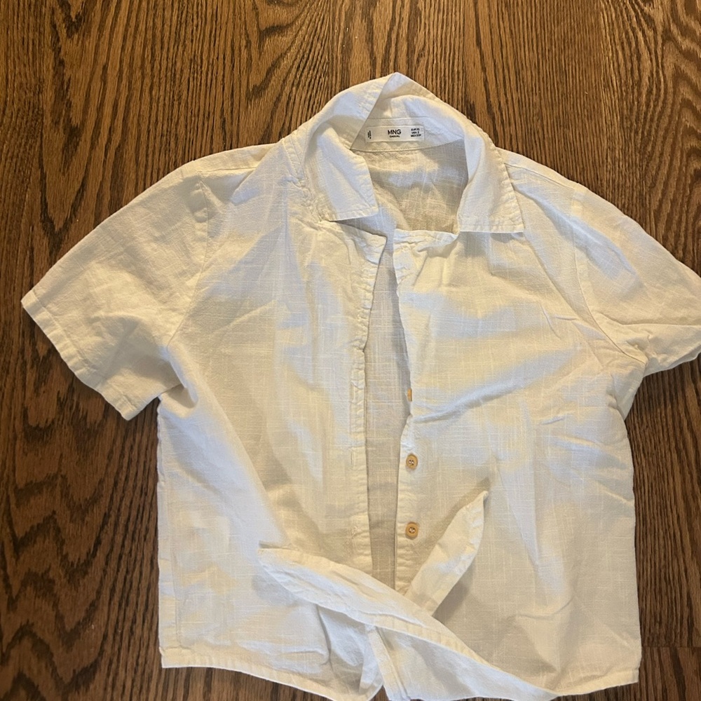 Mango Tie Front Cropped Short Sleeve Button Down Shirt